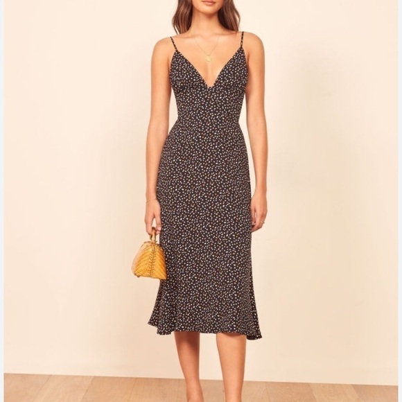 Reformation Dove Midi Dress Plunge Neck Confetti Polka Dot Black Size 2, XS/S - Picture 13 of 13